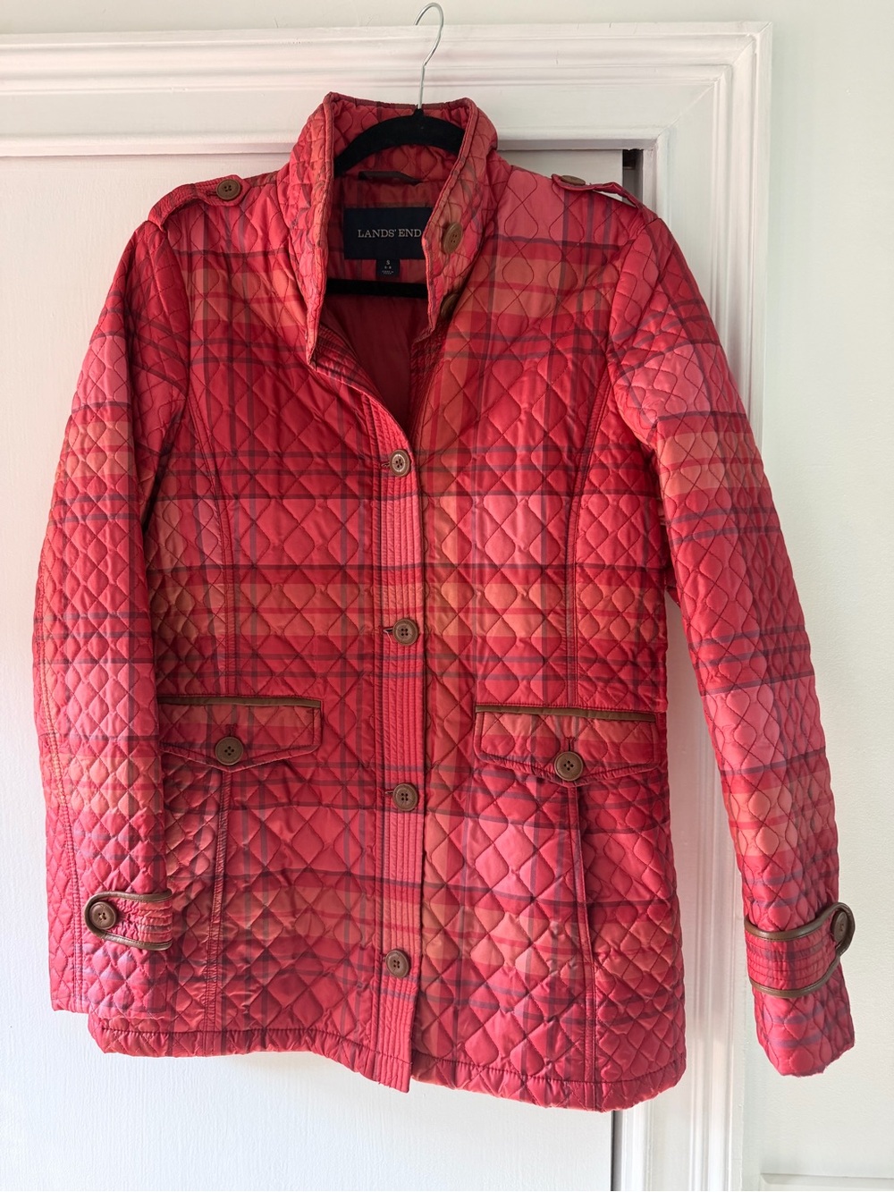 Lands' End Quilted Red Plaid Puffer Jacket